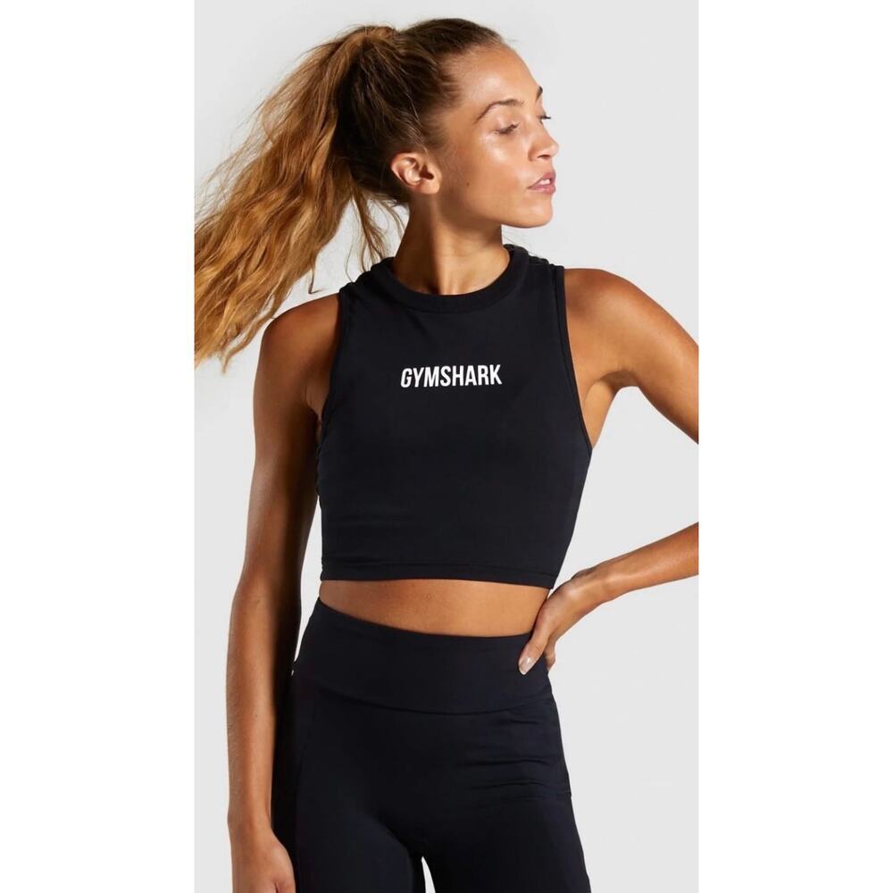 Gymshark Black/White Logo Cropped Cotton Tank Preppy Activewear Workout- Sz XS